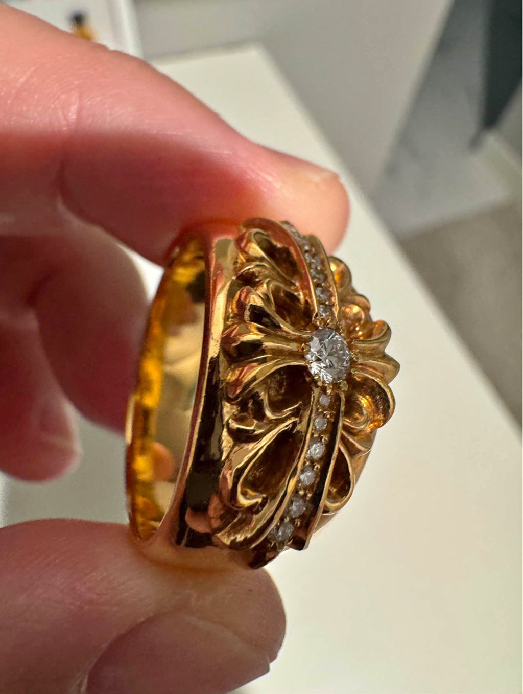 Gold and Diamond Floral Cross Ring